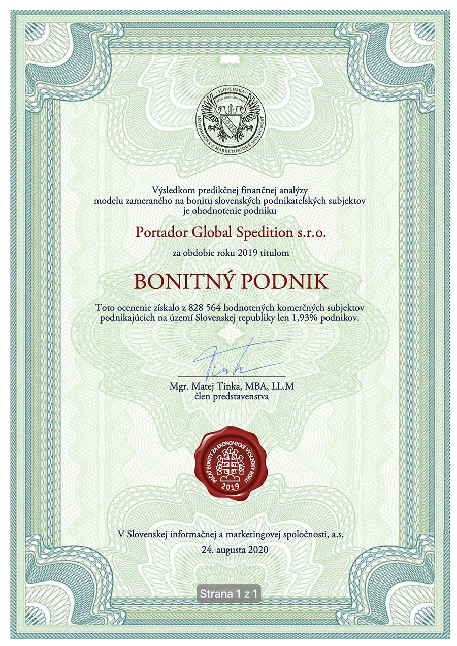 Bonitny Klient 2019 Portador Global Spedition
